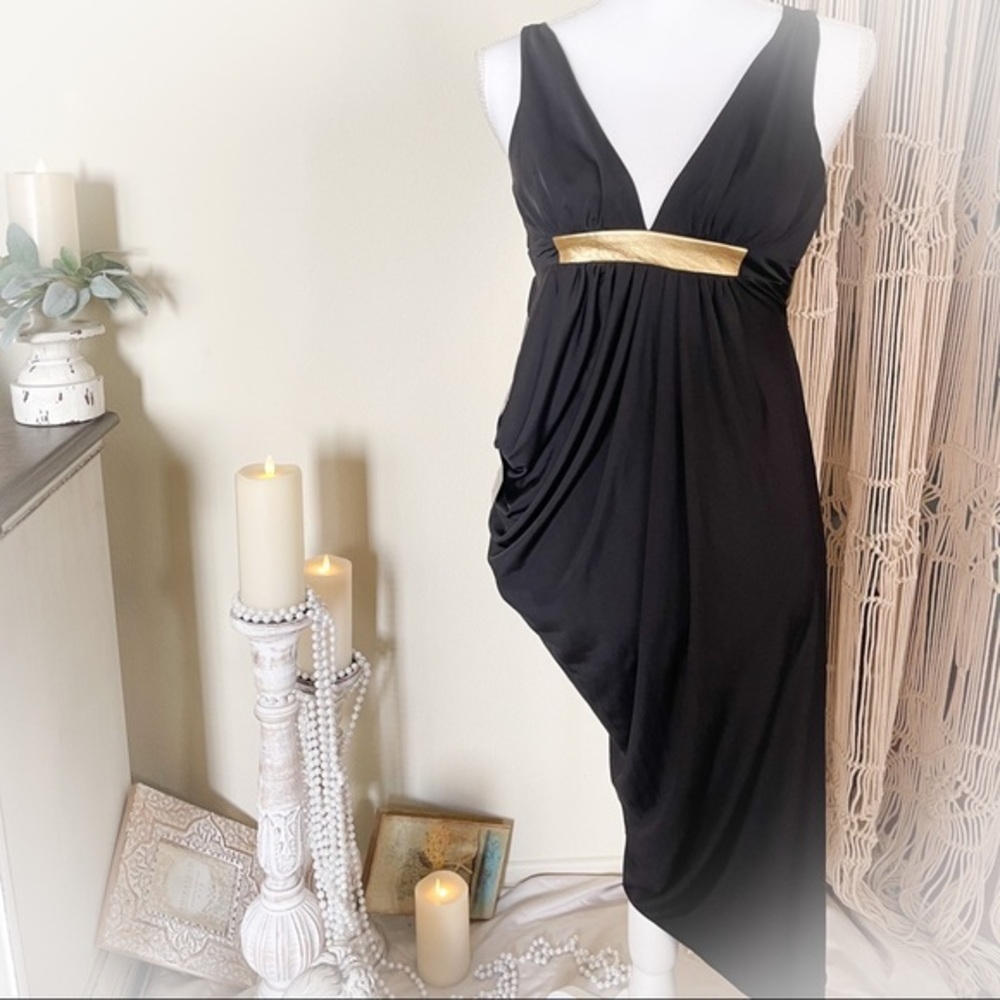 Bebe Asymmetrical Black Dress with Golden Belt